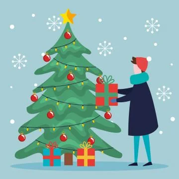 Merry christmas boy with pine tree and gifts vector design Illustrazione stock
