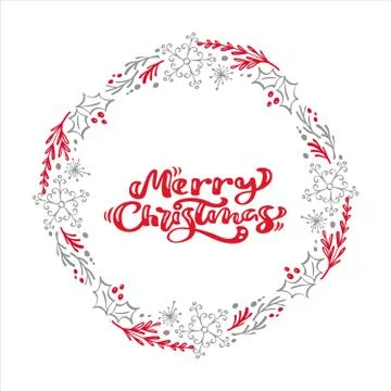 Merry Christmas Calligraphy vector text in xmas floral wreath frame. Lettering Stock Illustration