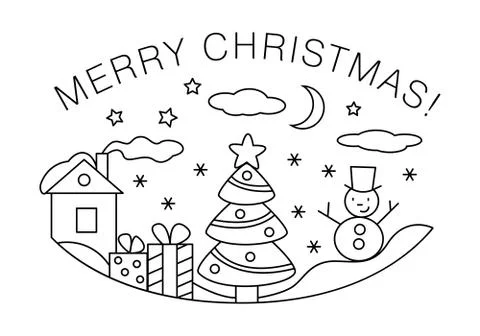 Merry Christmas card design - vector line art illustration - house, snowflakes Stock Illustration