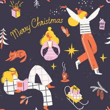 Merry Christmas card with pattern. X-Mas, xmas card. Girl runs with snow. Illustrazione stock