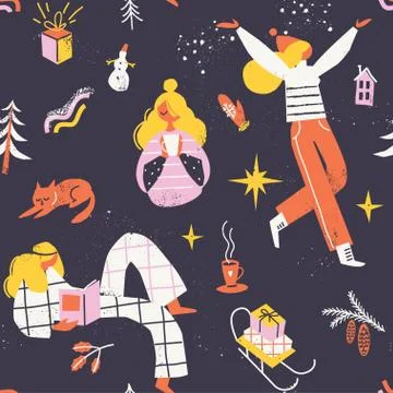 Merry Christmas card with pattern. X-Mas, xmas card. Girl runs with snow. Stock Illustration