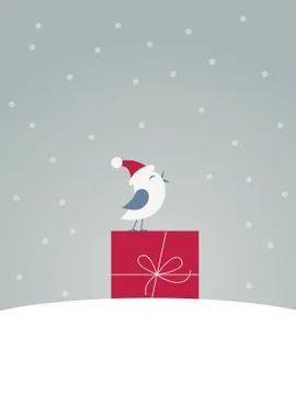 Merry Christmas card vector template with funny message and cute, adorable bird Stock Illustration