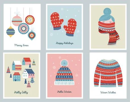 Merry Christmas cards with patterned illustrations and elements. Vector design Stock Illustration