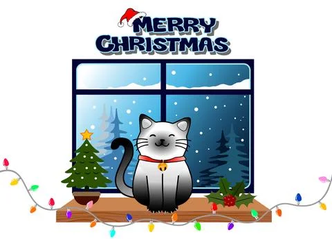 Merry Christmas Cat by the Window Stock Illustration