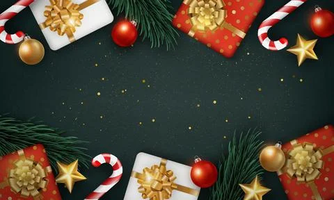 Merry Christmas composition 3D realistic pine fir tree branches gift box with Stock Illustration
