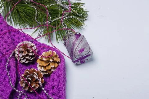Merry Christmas composition. Flatlay of purple scarf, pine tree branch Stock Photos
