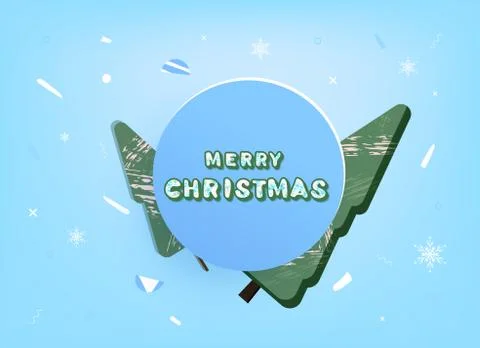 Merry Christmas composition with round button and decorated trees. Handwritte Stock Illustration