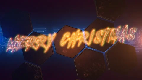 Merry Christmas with computer chip and neon hexagons Stock Footage 169736503