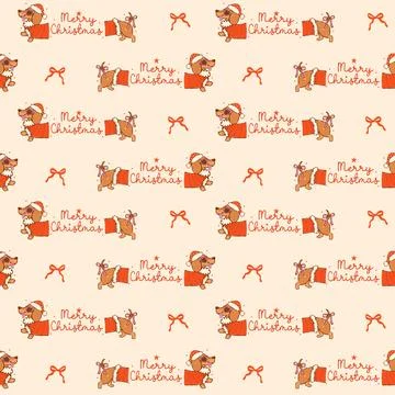 Merry Christmas Dachshund seamless pattern, cute hand drawn sausage dog car.. Stock Illustration
