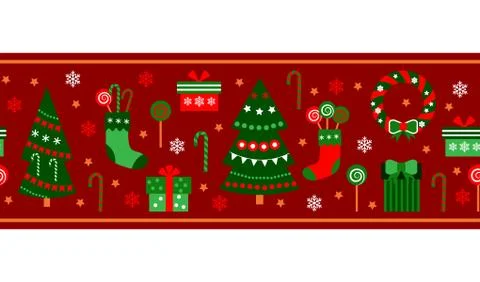 Merry Christmas decorations elements seamless pattern horizontal red border Stock Illustration