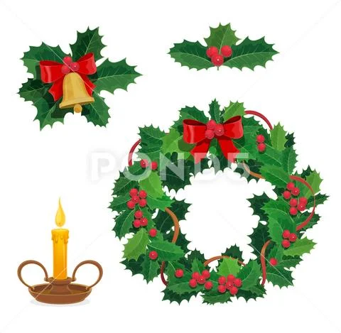 Merry Christmas decorations, holly berry, decor Stock Illustration