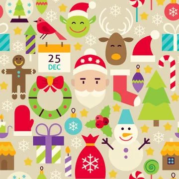 Merry Christmas Flat Design Vector Beige Seamless Pattern Stock Illustration