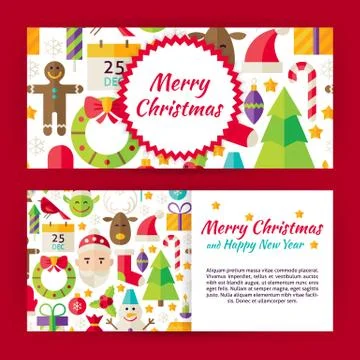 Merry Christmas Flat Style Vector Template Banners Set Stock Illustration