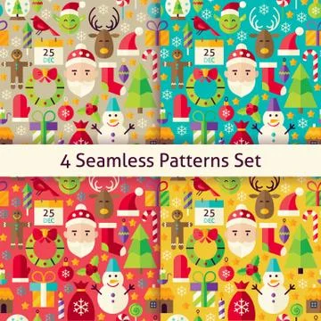 Merry Christmas Four Vector Seamless Patterns Set Stock Illustration