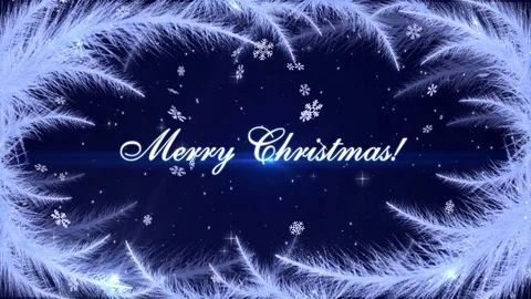 Merry Christmas with frost patterns and snowflakes on the dark blue background Stock Footage 83230068