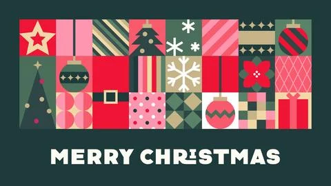 Merry Christmas Geometric Patchwork Dark Green Baubles Poinsettia Ilustración de archivo