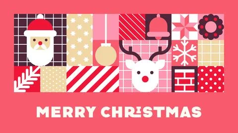 Merry Christmas Geometric Pink Patchwork Santa Reindeer Bell Chimney Ilustración de archivo