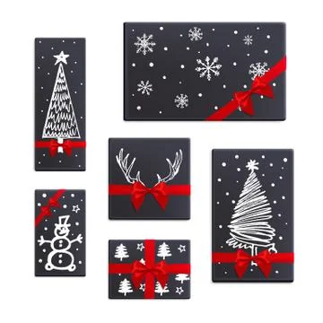 Merry Christmas gift boxes set. Unique collection of gifts with Christmas pat Stock Illustration