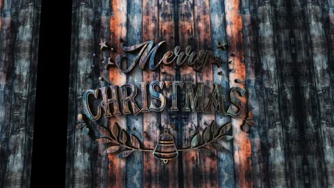 Merry Christmas glittering chrome text on wood texture cinematic title Video stock 258762304
