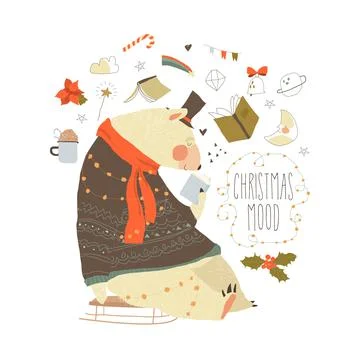 Merry Christmas greeting card. Cute Polar Bear wearing Sweater reading Book Stock Illustration