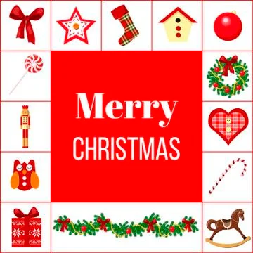 	Merry Christmas greeting card with different objects Stock Illustration