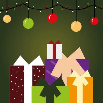 Merry christmas greeting card gift boxes balls lights decoration Stock Illustration