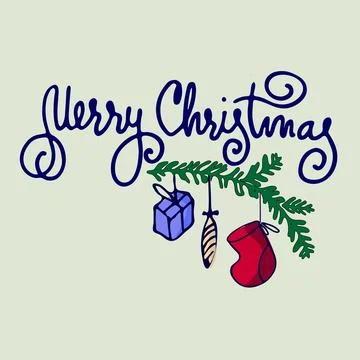 Merry Christmas greeting card. Hand lettering and Christmas tree branch wit.. Stock Illustration
