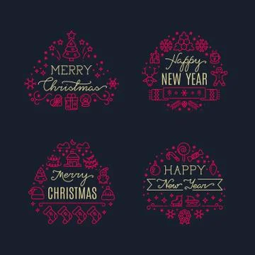 Merry christmas greeting scripts with xmas holiday line icons. Vector set 스톡 일러스트