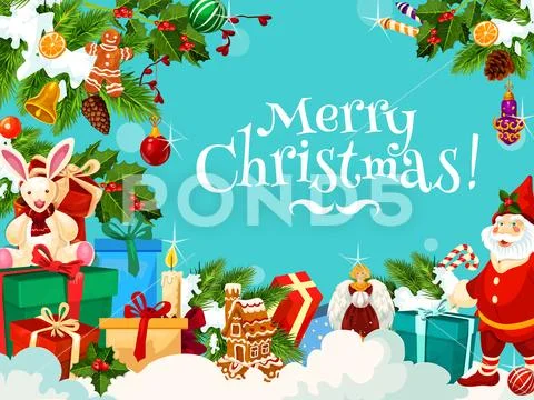 Merry Christmas greetings with Santa gifts, vector Stock Illustrationen