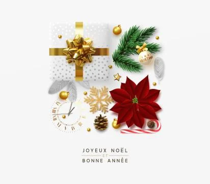 Merry Christmas, Happy New Year. Xmas decorative objects, white gift box, pin Illustrazione stock