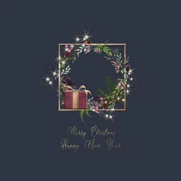 Merry Christmas Happy New Year design with wreath Stock Illustration