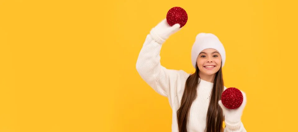 Merry christmas. happy new year. happy child in winter hat and gloves. Banner of Stock Photos