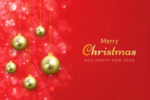 Merry Christmas holiday background in sparkling red color with golden ball ha Stock Illustration