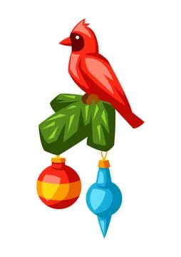 Merry Christmas illustration with red cardinal bird and decoration. Holiday Stock Illustration
