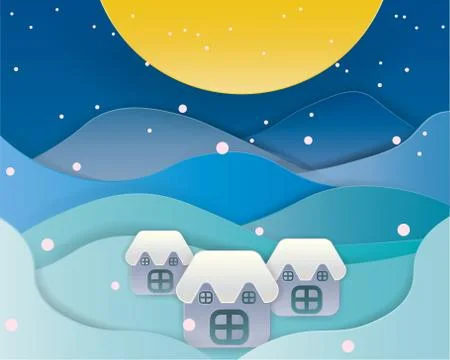 Merry Christmas Landscape with full moon . Vector Stock Illustration