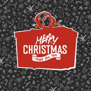 Merry Christmas Lettering on Red Gift Box Silhouette. On hand drawn xmas back Stock Illustration