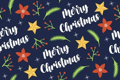 Merry Christmas Lettering Seamless Pattern with Stars and Festive Floral El.. Stock Illustration