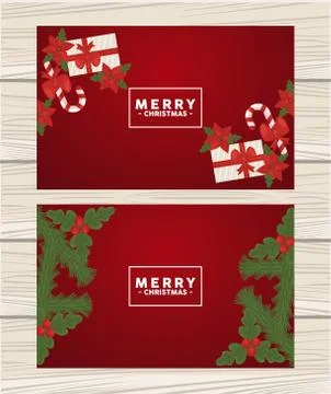 Merry christmas lettering in square frames with gifts and leafs Stock Illustration