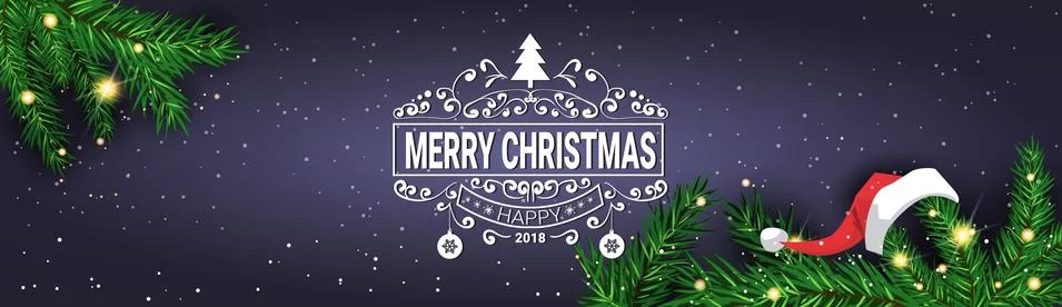 Merry Christmas Message On Horizontal Banner Decorated With Pine Tree Branches Stock Illustration