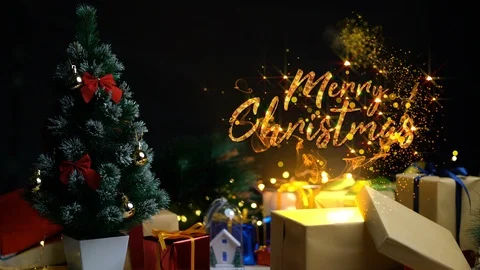 Merry Christmas Motion Graphics. Opening Christmas Gift Glowing Light Come Ou Stock Footage 98015394