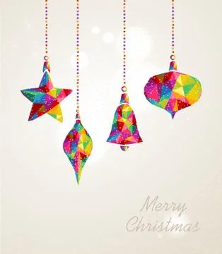 Merry christmas multicolors hanging baubles composition Stock Illustration