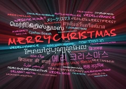Merry Christmas multilanguage wordcloud background concept glowing Stock Illustration