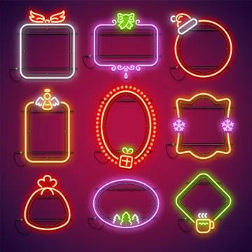 Merry Christmas Neon Frames Set Stock Illustration