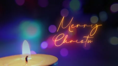 Merry Christmas Neon Script Over Candlelight With Bokeh Lights Stock Footage 321808697