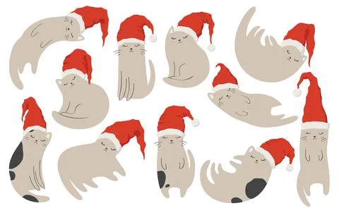 Merry Christmas, New Year vector illustrations set with cute hand drawn cat.. Stock Illustration
