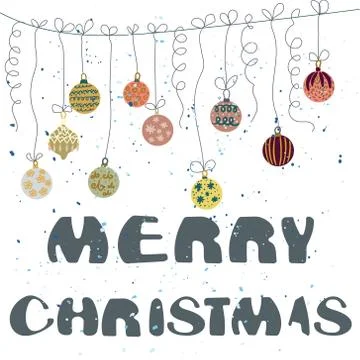 Merry Christmas note with snow falling and scandinavian style decoration chri Stock Illustration