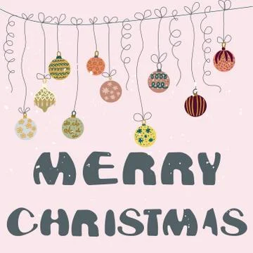 Merry Christmas note with snow falling and scandinavian style decoration chri Stock Illustration