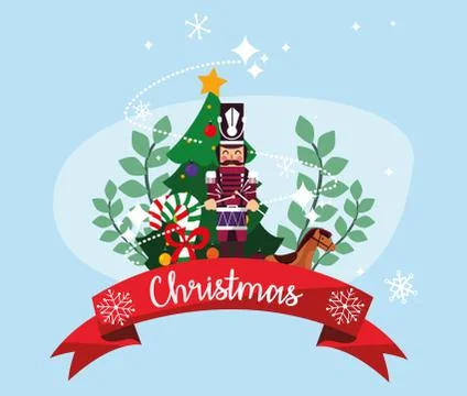 Merry christmas nutcracker and pine tree vector design Stock Illustration