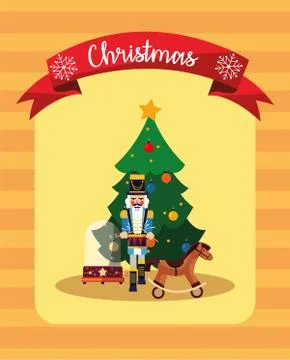 Merry christmas nutcracker and pine tree vector design Stock Illustration