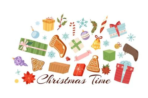 Merry Christmas objects collection of winter holiday items cartoon vector Stock Illustration
